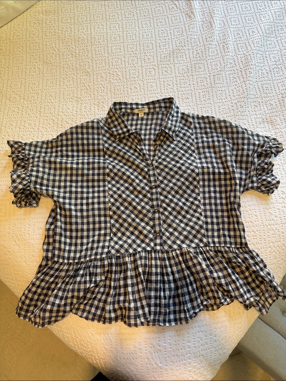 Dylan Navy & White Gingham Ruffle Hem Shirt